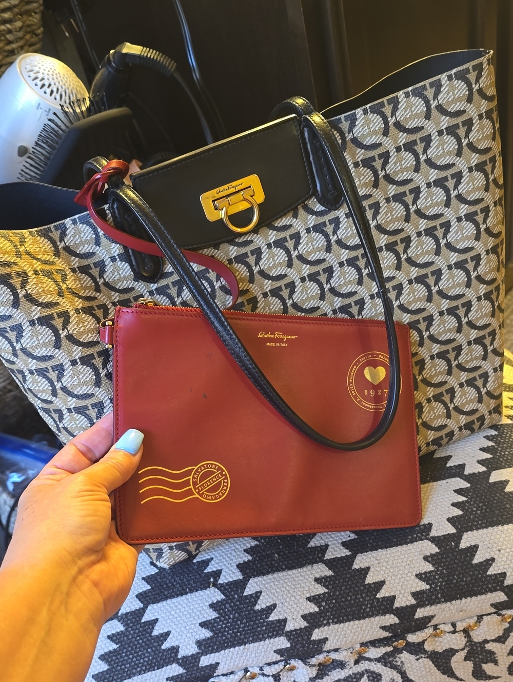 Salvatore Ferragamo Red Leather Wristlet Pouch with Black Strap and Gold Accents - Picture 1 of 12